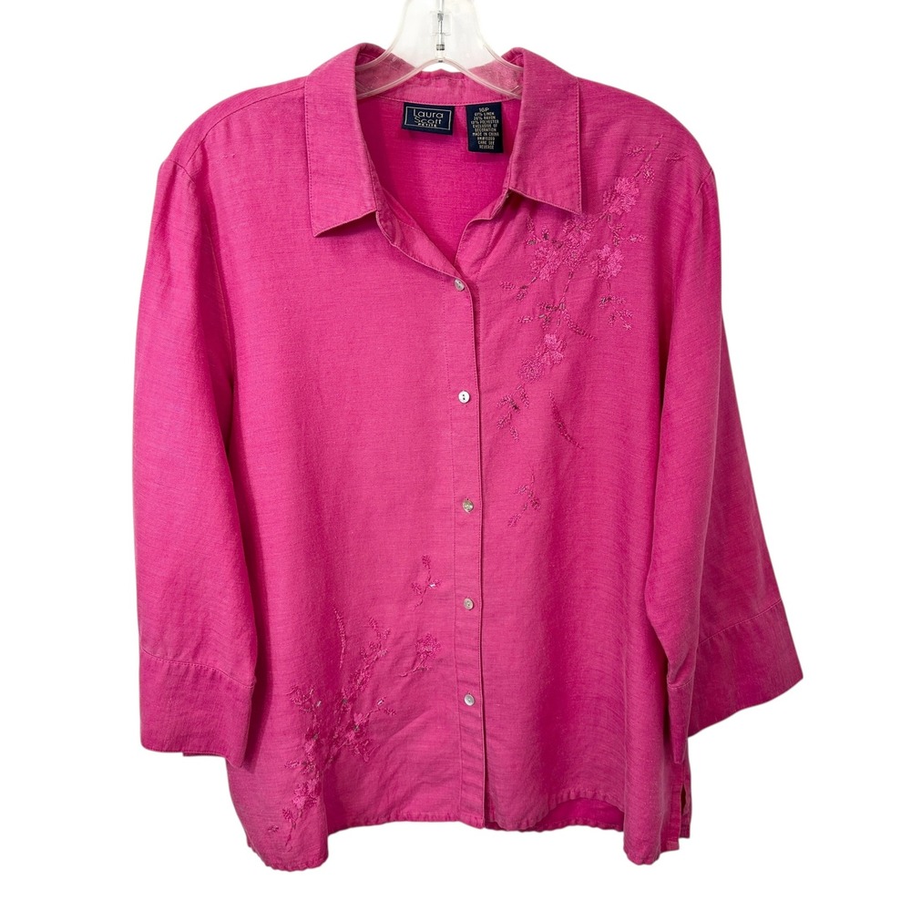 Laura Scott 16P Top Hot Pink Linen Embroidered‎ Beaded Button Down Career 292
